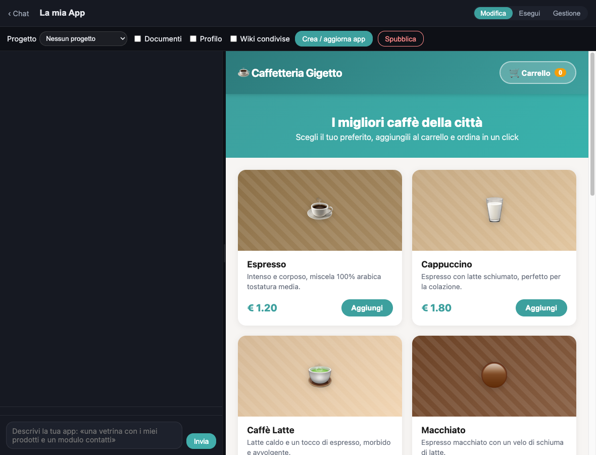 Spazio di lavoro «La mia App»: builder conversazionale a sinistra e anteprima dal vivo della vetrina a destra