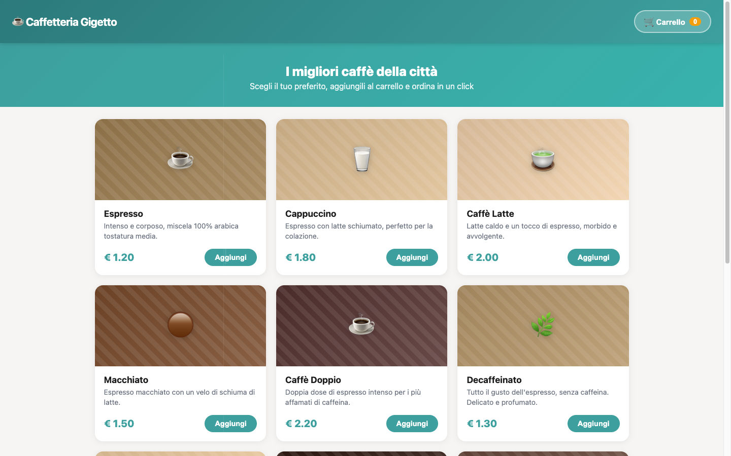 Vetrina e-commerce di una caffetteria con catalogo dei caffè, prezzi, pulsanti Aggiungi e carrello
